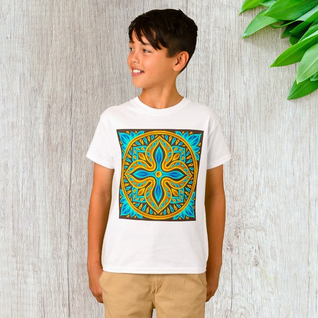 Mediterranean Moroccan Tile Pattern Blue and Gold T-Shirt (Creator Uploaded)
