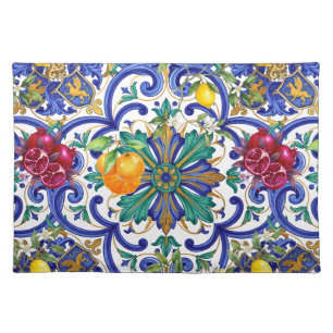 Mediterranean Mosaic lemon fruit Cloth Placemat