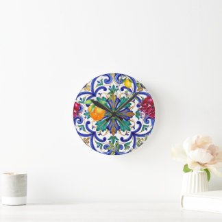 Mediterranean Mosaic lemon fruit Round Clock