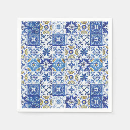 Mediterranean Mosaic Tiles Blue Birthday Party Napkins