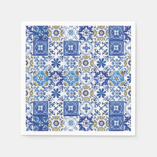 Mediterranean Mosaic Tiles Blue Birthday Party Napkins