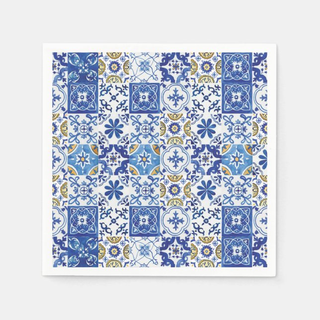 Mediterranean Mosaic Tiles Blue Birthday Party Napkins (Front)
