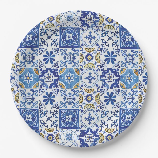Mediterranean Mosaic Tiles Blue Birthday Party Paper Plates (Front)