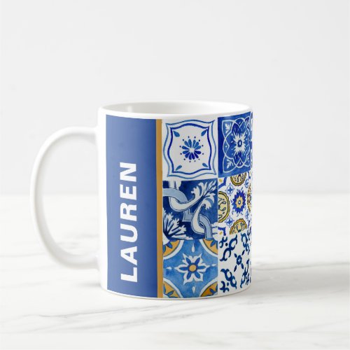 Mediterranean Name Blue White Yellow Watercolor  Coffee Mug