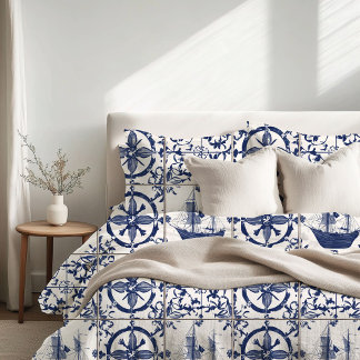 Mediterranean Nautical Tile Pattern Duvet Cover