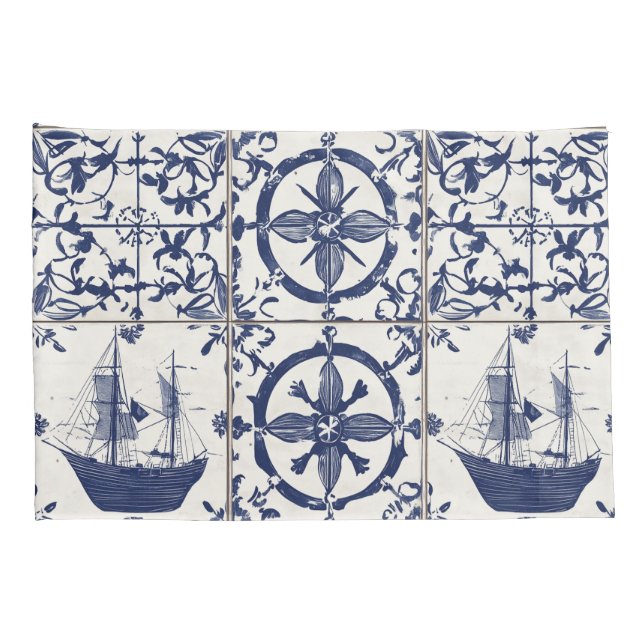 Mediterranean Nautical Tile Pattern Pillow Case (Back-Right)