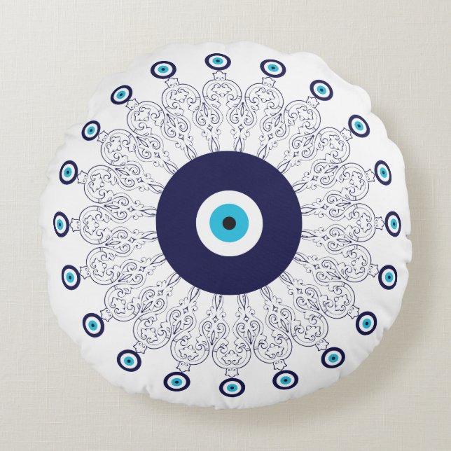Mediterranean Navy Aqua Blue Lucky Eye Mandala Round Pillow (Front)