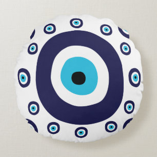 Mediterranean Navy Aqua Blue Nazar Lucky Evil Eye Round Pillow