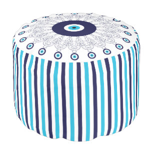 Mediterranean Navy Aqua Evil Eye Mandala Striped Pouf