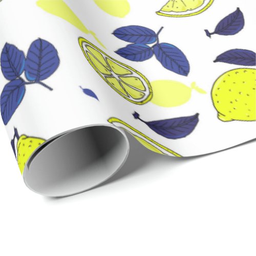 Mediterranean Navy Blue Yellow Lemons Pattern Wrapping Paper