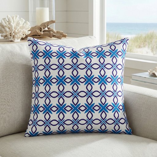 Mediterranean Navy Teal Blue White Geometric Tile  Fabric