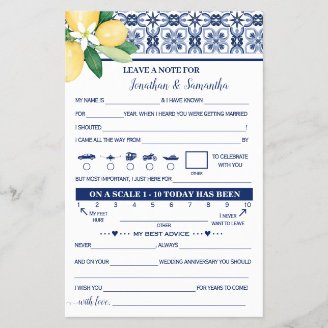 Mediterranean Note for Couple Wedding Game Card Flyer (Front)