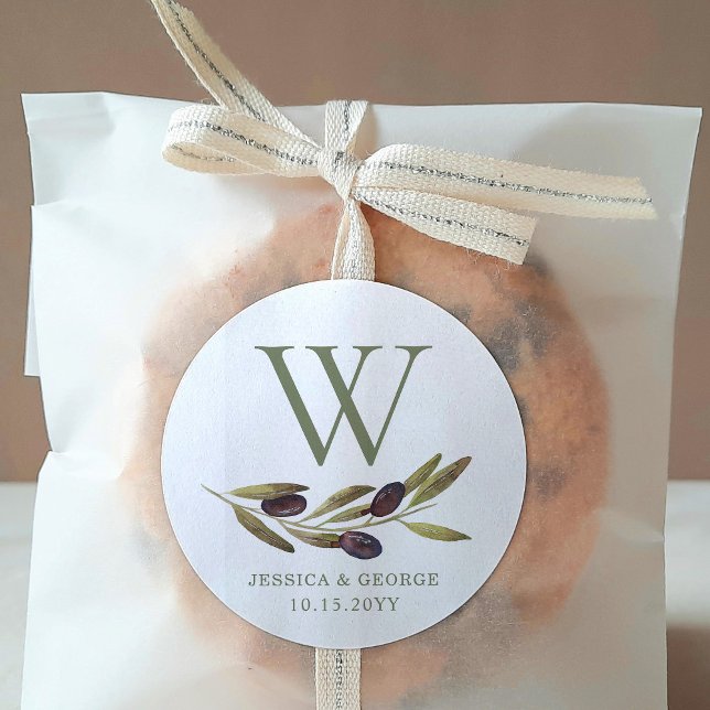 Mediterranean Olive Branch Custom Monogram Classic Round Sticker (Creator Uploaded)