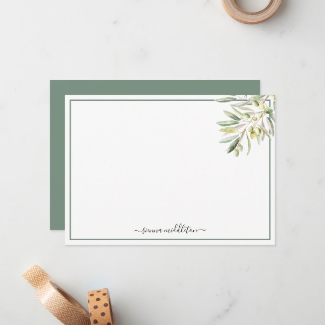 Mediterranean Olive Branch Rustic Personalized Note Card (Front/Back In Situ)