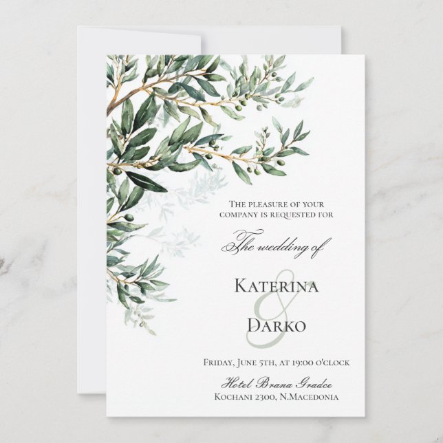 Mediterranean Olive Branch Wedding Invitation (Front)