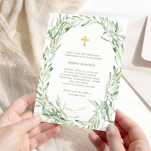 Mediterranean Olive Branches First Holy Communion Invitation