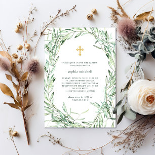 Mediterranean Olive Branches Watercolor Baptism Invitation