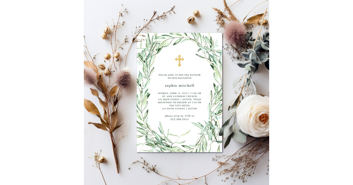 Mediterranean Olive Branches | Watercolor Baptism Invitation | Zazzle