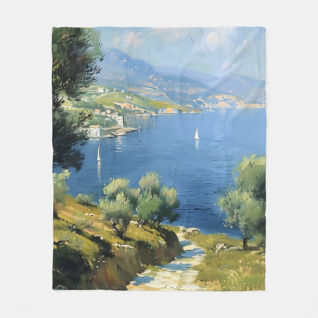 Mediterranean Olive Grove by the Sea  Fleece Blanket (Front)