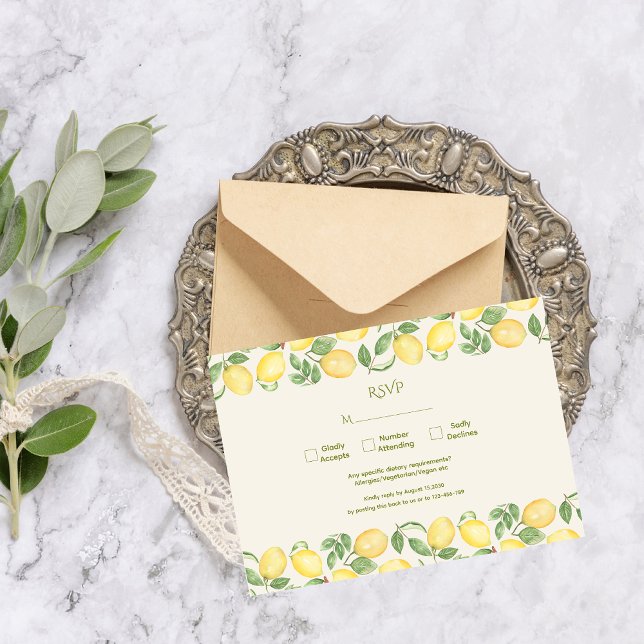 Mediterranean Olive Lemon Modern Wedding RSVP Card (Creator Uploaded)
