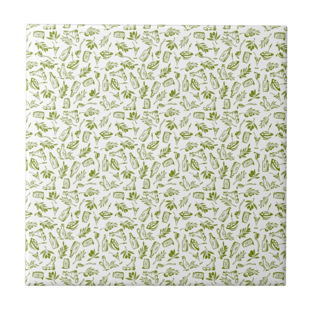Mediterranean Olive Oil Bottle Olive Leaf Pattern Ceramic Tile (Front)