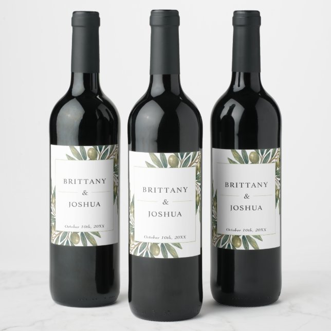 Mediterranean Olive Wedding Theme Wine Label (Bottles)