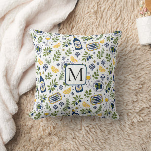 Mediterranean Olive Wine Lemon Pattern Monogram Throw Pillow