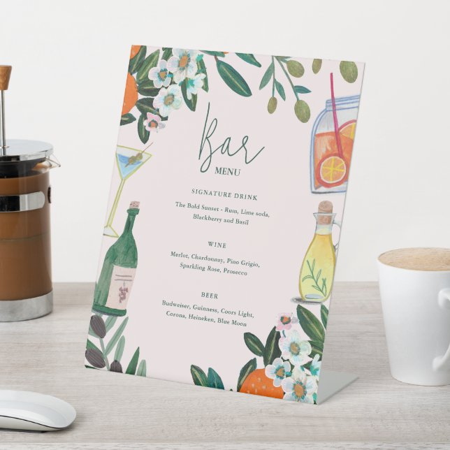 Mediterranean Orange Botanical Wedding Bar Menu Pedestal Sign (In SItu)