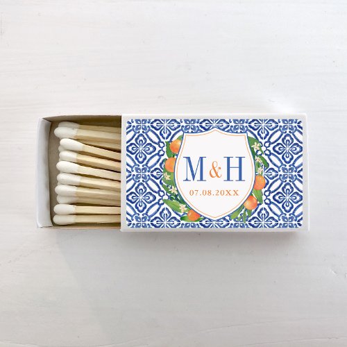 Mediterranean Oranges Blue Tiles Wedding Monogram Matchboxes