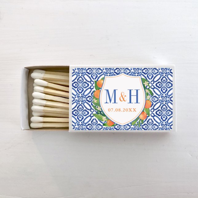 Mediterranean Oranges Blue Tiles Wedding Monogram Matchboxes (Oranges citrus crest against blue and white tile background)