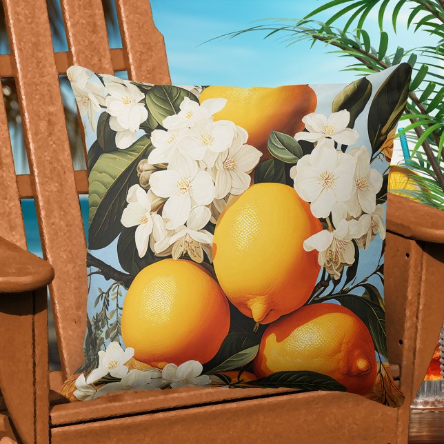 Mediterranean Oranges Summer Sun  Outdoor Pillow (Pillow featuring a painting of Mediterranean oranges under the summer sun with elegant white flowers)