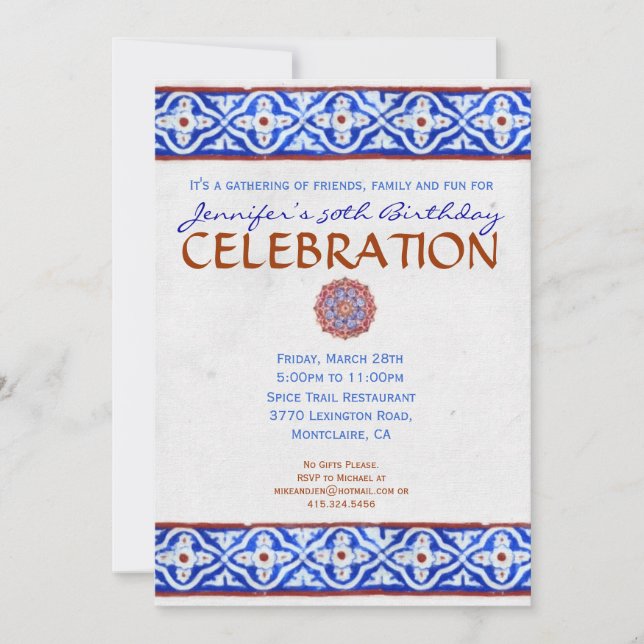 Mediterranean Party Invitation - Painted Tile Blue (Front)