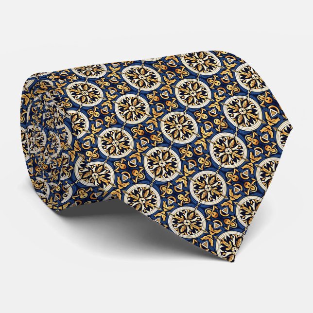 Mediterranean Pattern Deep Indigo, Gold, Ochre... Neck Tie (Rolled)