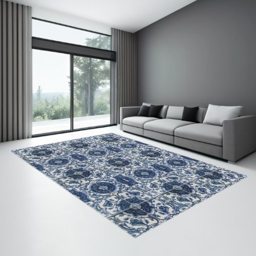 Mediterranean Pattern Rug Azulejo Blue Tile Design