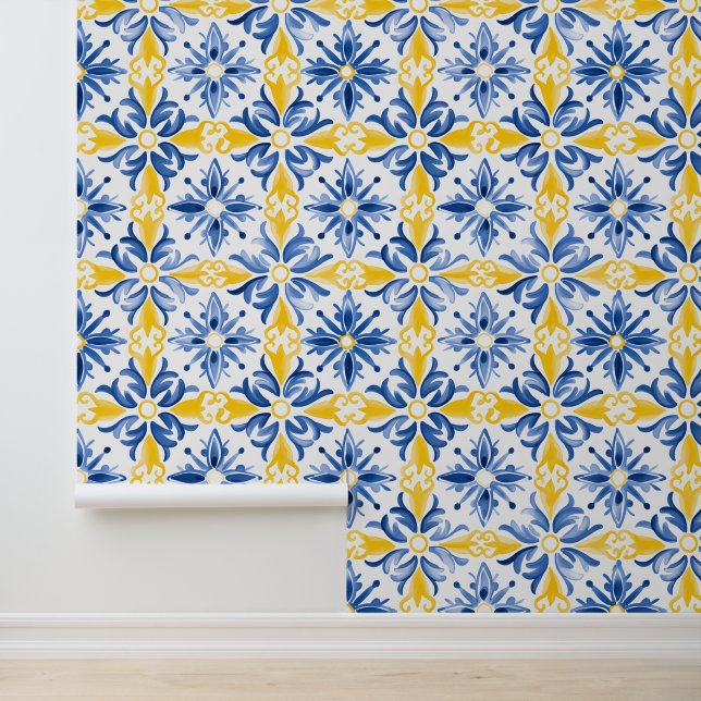 Mediterranean Pattern Tile Room Blue Yellow Wallpaper (Application)