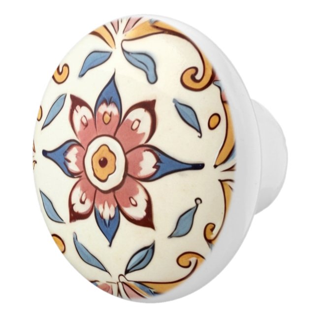 Mediterranean Pink Yellow Blue Flower Floral Ceramic Knob (Right)
