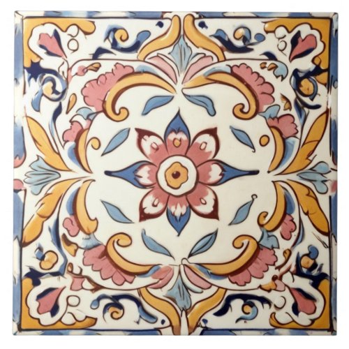 Mediterranean Pink Yellow Blue Flower Floral Ceramic Tile