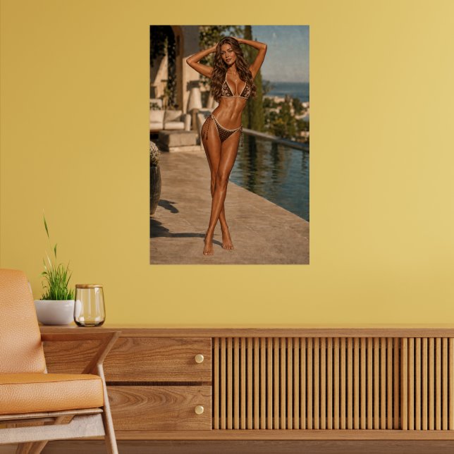 Mediterranean Poolside Brown Bikini Portrait Poster (Living Room 2)
