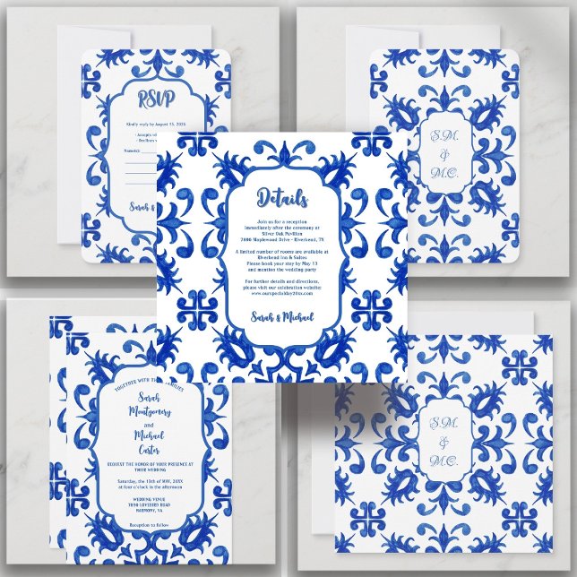 Mediterranean Portuguese Blue Tile Detail Invitation (Portuguese Tile Botanical Blue, Lisbon Azulejo Coastal Style, Indigo Blue Tile Art, Portuguese )