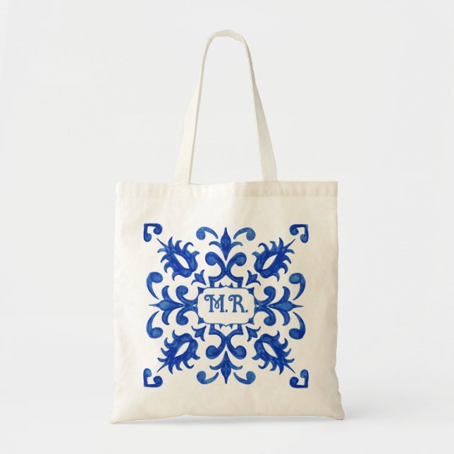 Mediterranean Portuguese Blue Tile Monogram Tote Bag (Front)