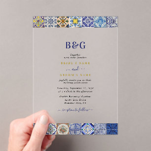 Mediterranean Portuguese Tiles Pattern Wedding Acrylic Invitations