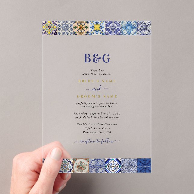 Mediterranean Portuguese Tiles Pattern Wedding Acrylic Invitations (Insitu (Handheld))