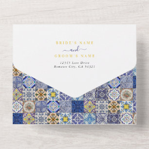 Mediterranean Portuguese Tiles Pattern Wedding All In One Invitation