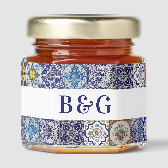Mediterranean Portuguese Tiles Pattern Wedding Honey Jar Favors (Front)