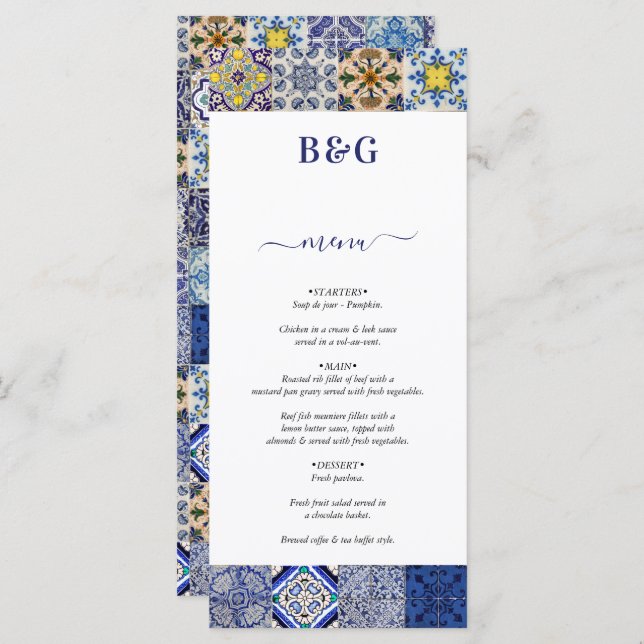 Mediterranean Portuguese Tiles Pattern Wedding Menu (Front/Back)