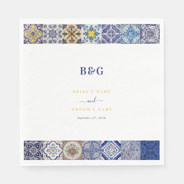 Mediterranean Portuguese Tiles Pattern Wedding Napkins (Front)