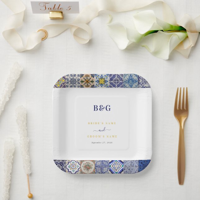 Mediterranean Portuguese Tiles Pattern Wedding Paper Plates (Wedding)