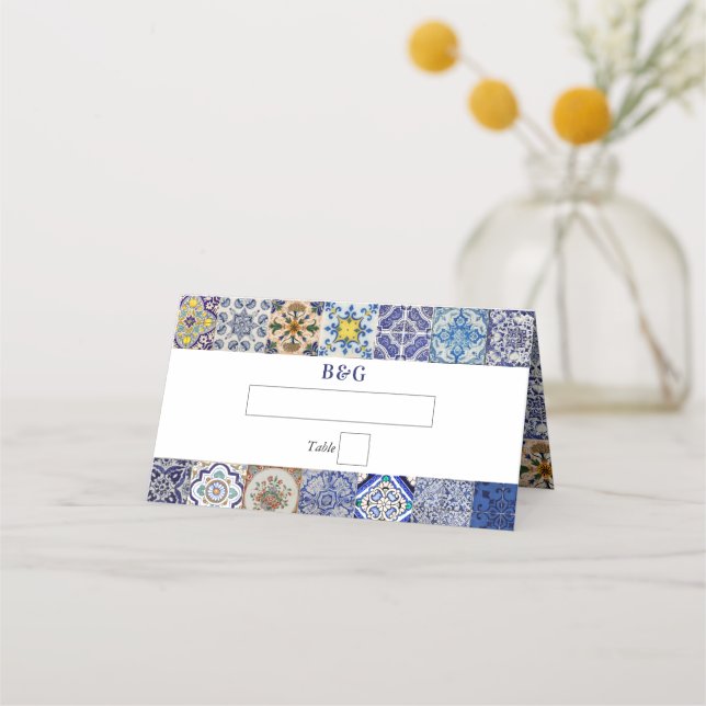 Mediterranean Portuguese Tiles Pattern Wedding Place Card (Front)