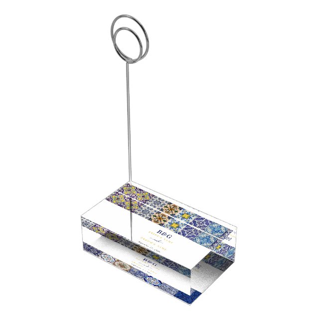 Mediterranean Portuguese Tiles Pattern Wedding Place Card Holder (Corner)