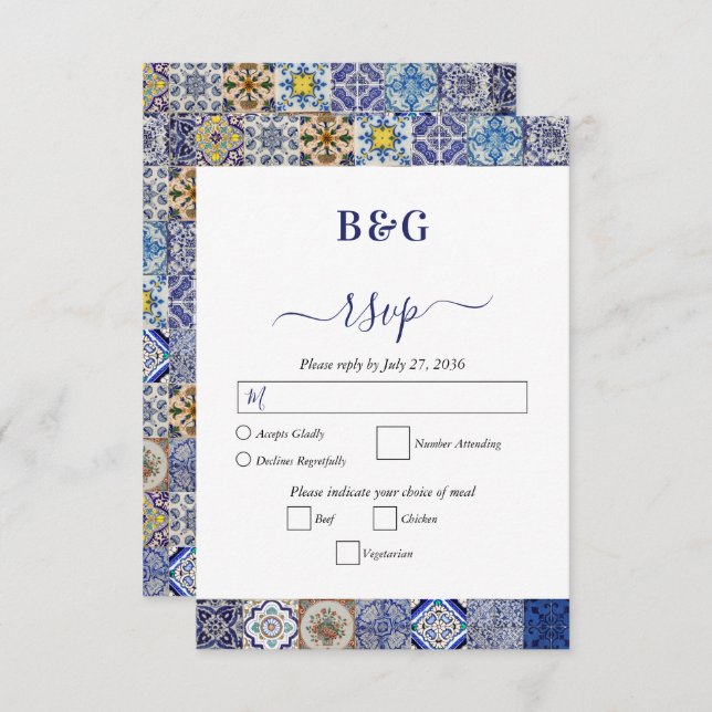 Mediterranean Portuguese Tiles Pattern Wedding RSVP Card (Front/Back)
